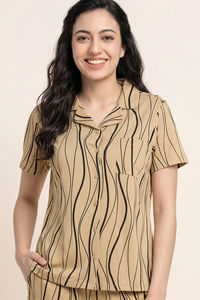 Zivame Wavy Stripes Knit Cotton Short Set - Warm Sand — thumbnail 3
